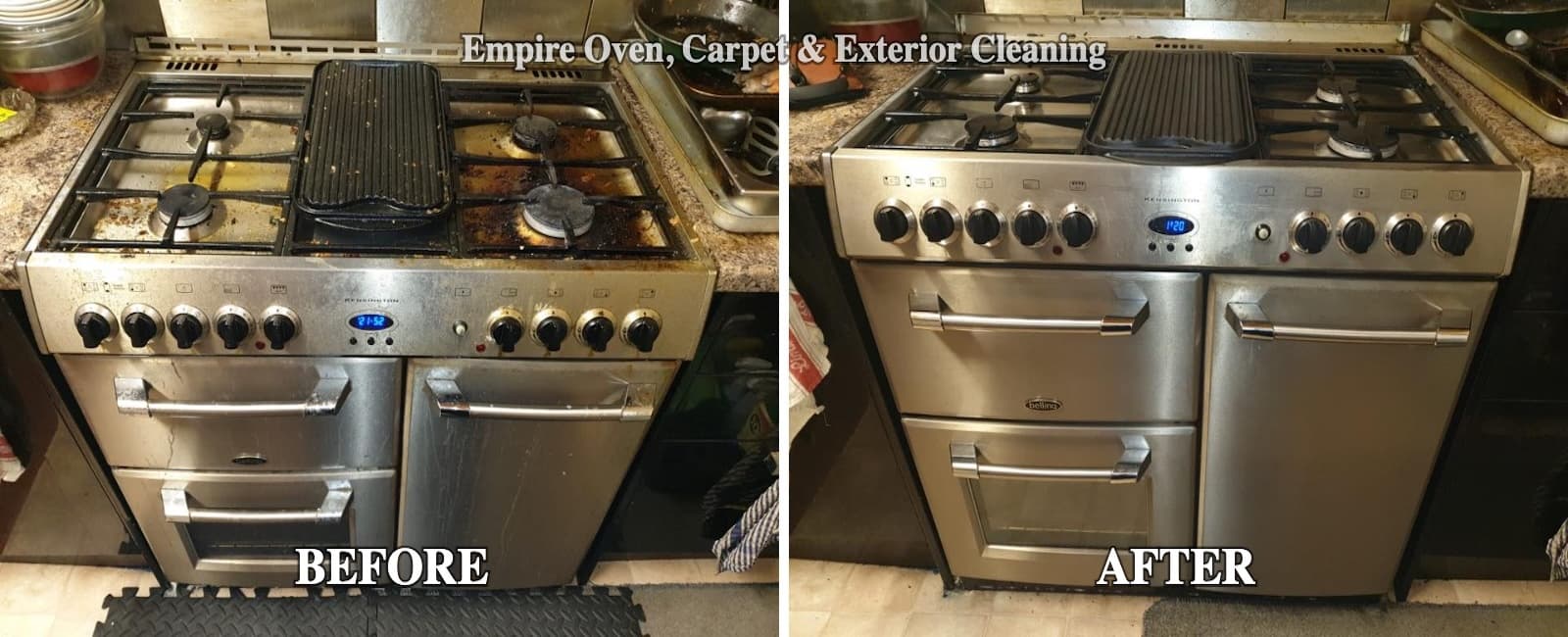 Professional range cooker before and after oven cleaning in Kent